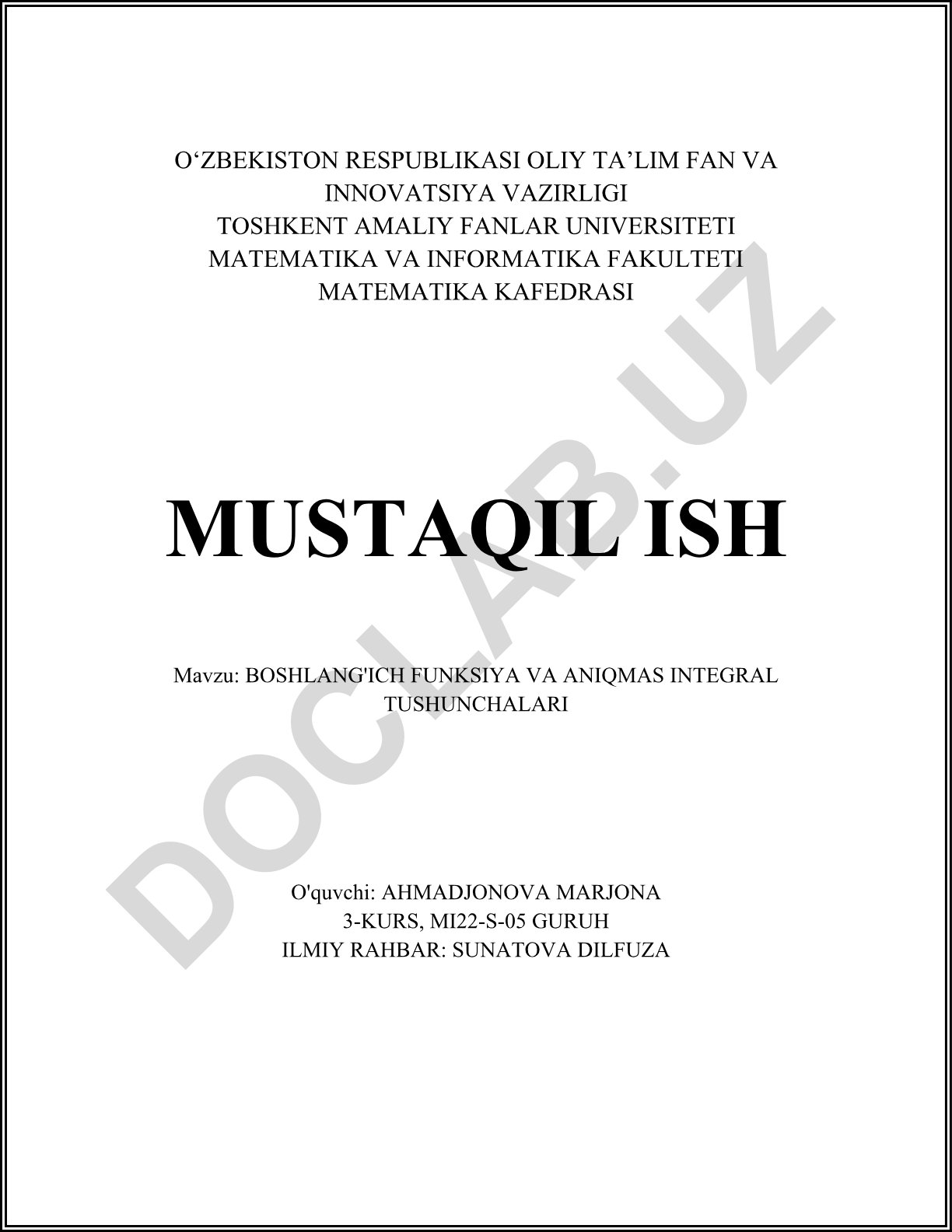 Boshlang'ich funksiya va aniqmas integral tushunchalari