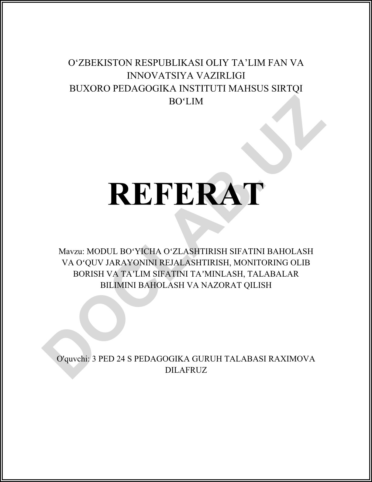 Modul bo'yicha o'zlashtirish sifati mezonlari va o'quv jarayonini rejalashtirish