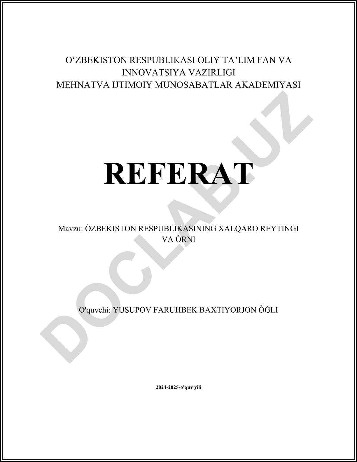 O'zbekiston Respublikasining xalqaro reytingi va o'rni