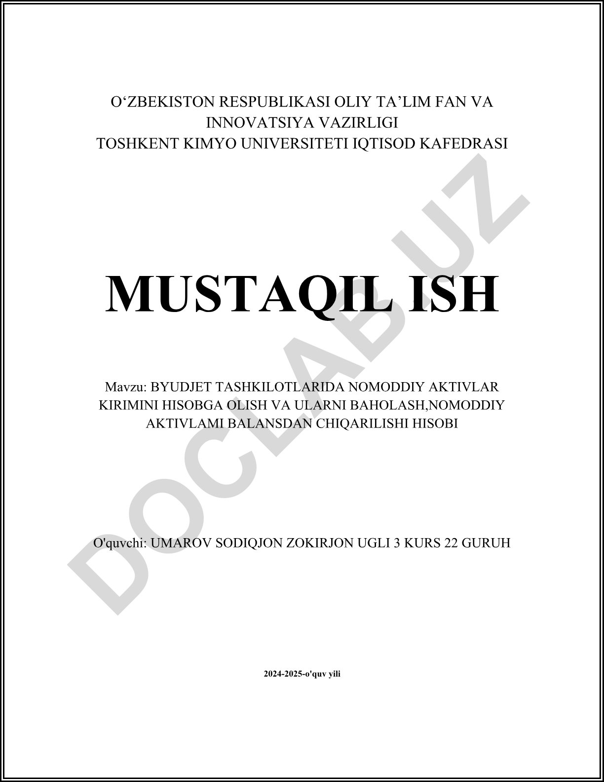 Byudjet tashkilotlarida nomoddiy aktivlar kirimini hisobga olish va ularni baholash, nomoddiy aktivlami balansdan chiqarilishi hisobi