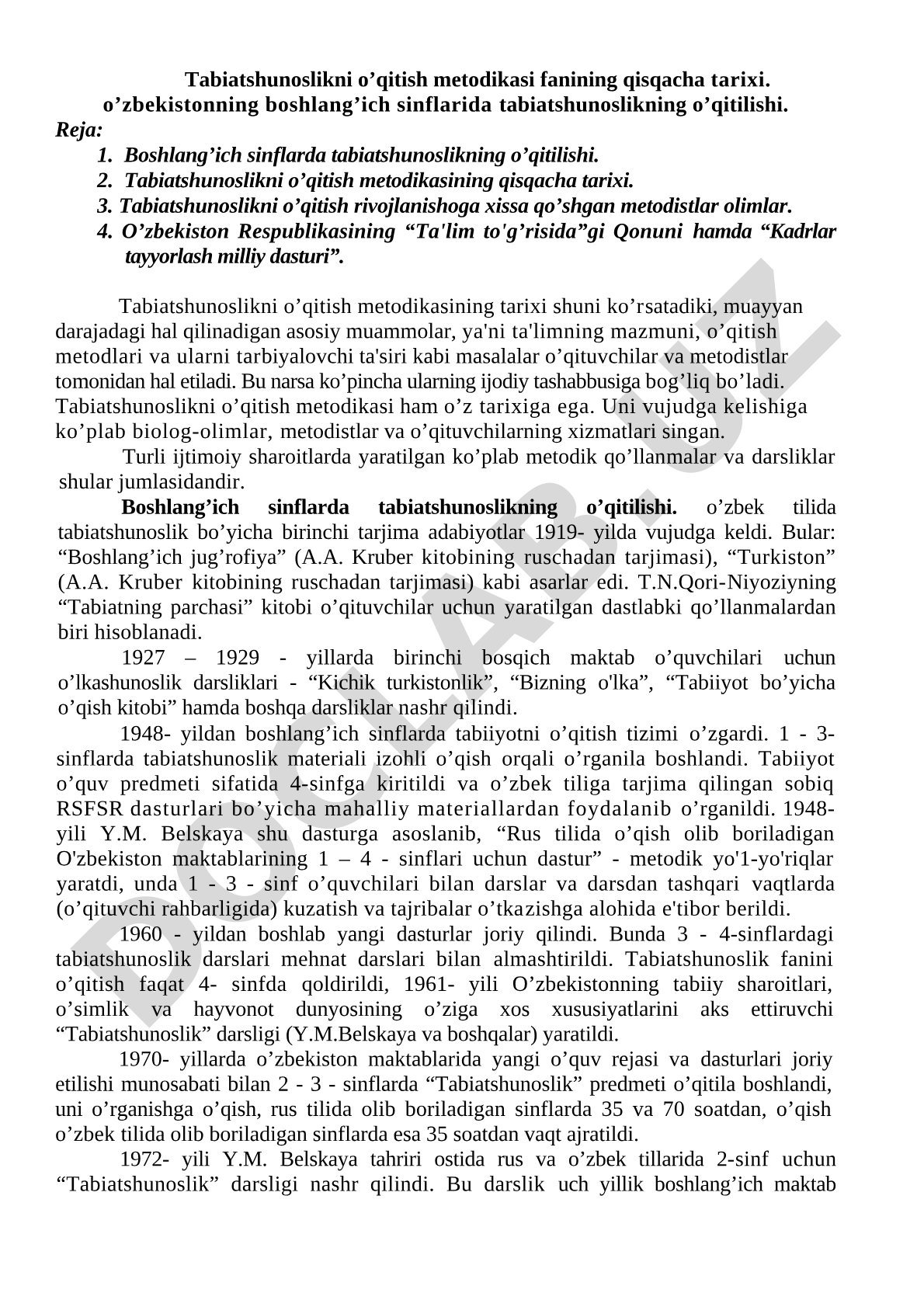 Tabiatshunoslikni o'qitish metodikasi fanining qisqacha tarixi