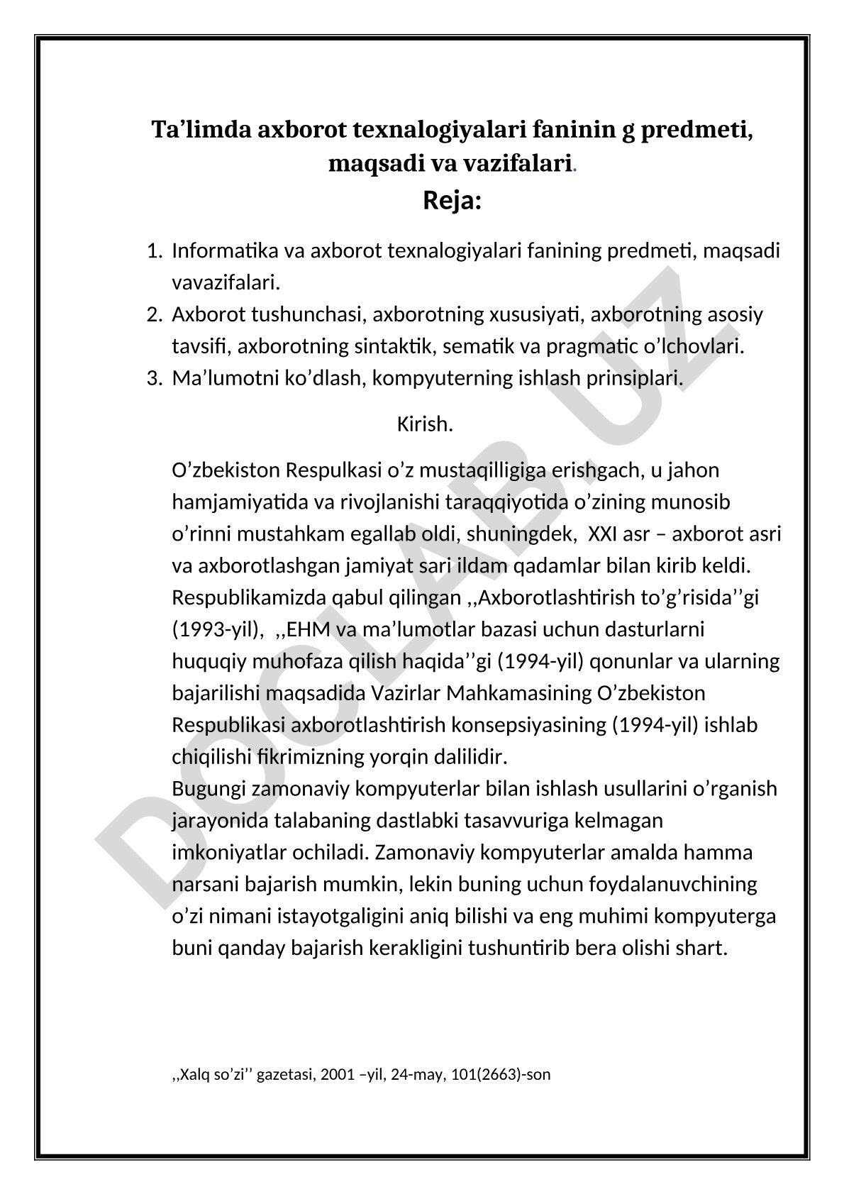 Informatika va axborot texnalogiyalari fanining predmeti, maqsadi va vazifalari