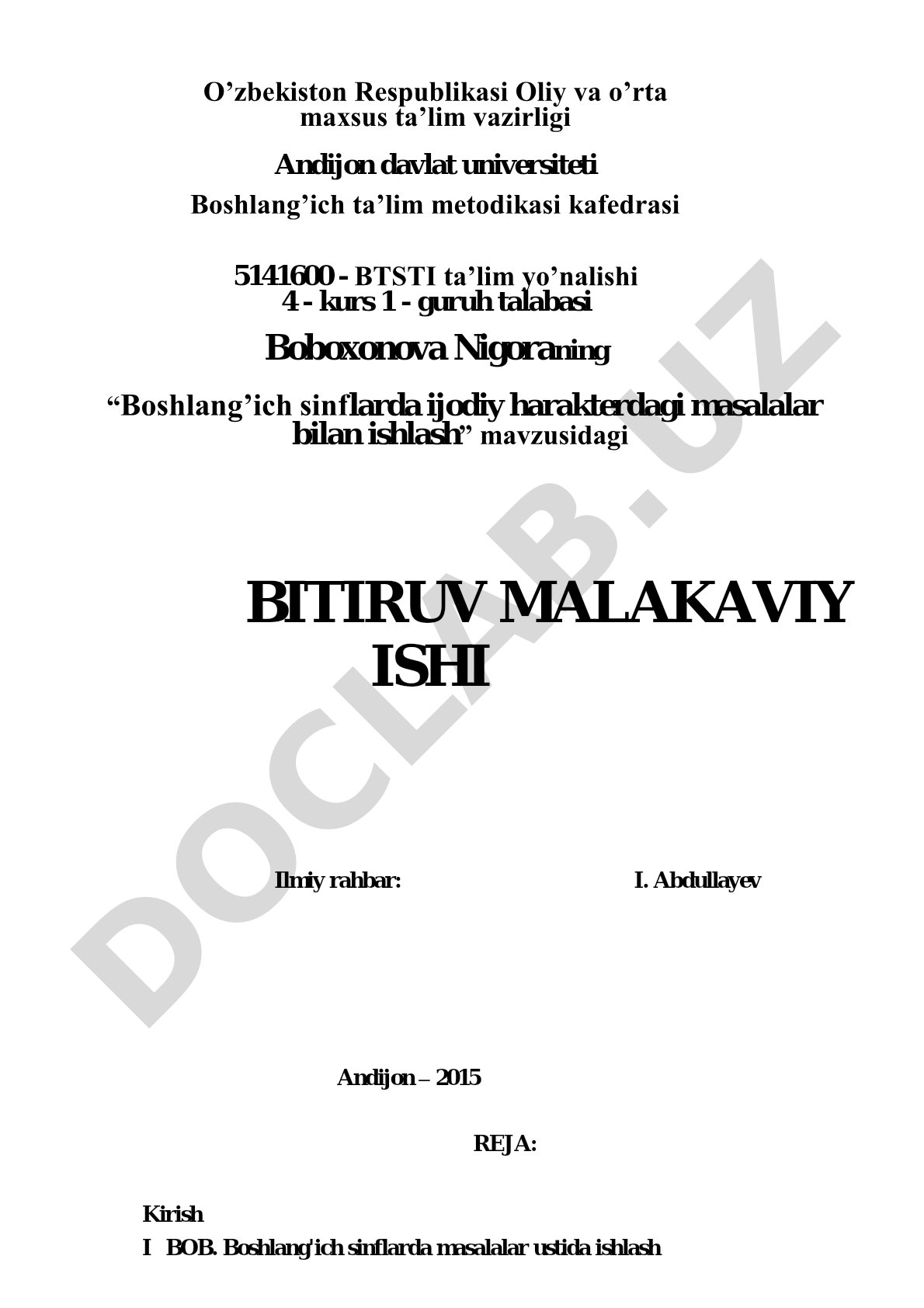 Boshlang'ich sinflarda ijodiy harakterdagi masalalar bilan ishlash