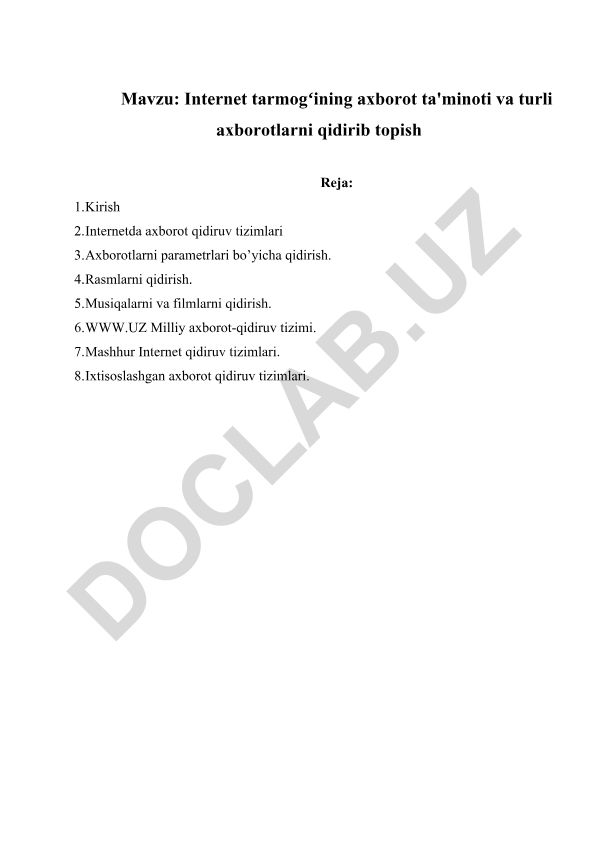 Internet tarmogʻining axborot ta'minoti va turli axborotlarni qidirib topish