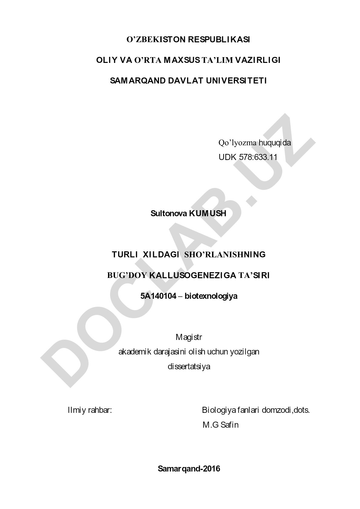 Sultonova Kumush turlı xıldagı sho‘rlanishning bug‘doy kallusogeneziga ta’siri