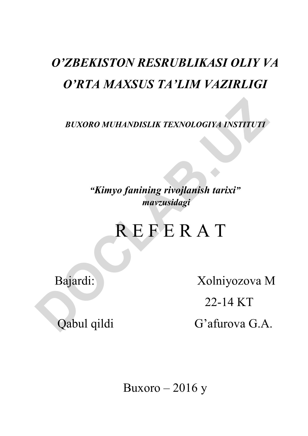 Kimyo fanining rivojlanish tarixi