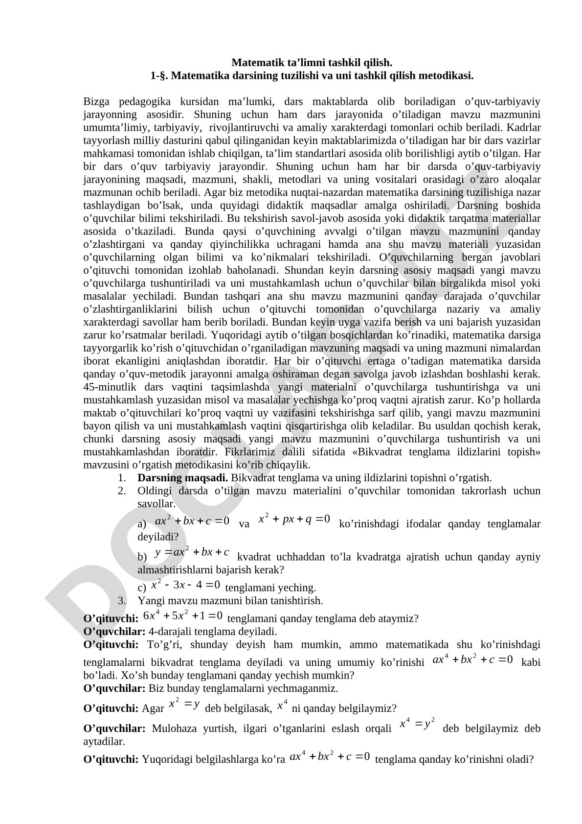Matematika darsining tuzilishi va uni tashkil qilish metodikasi