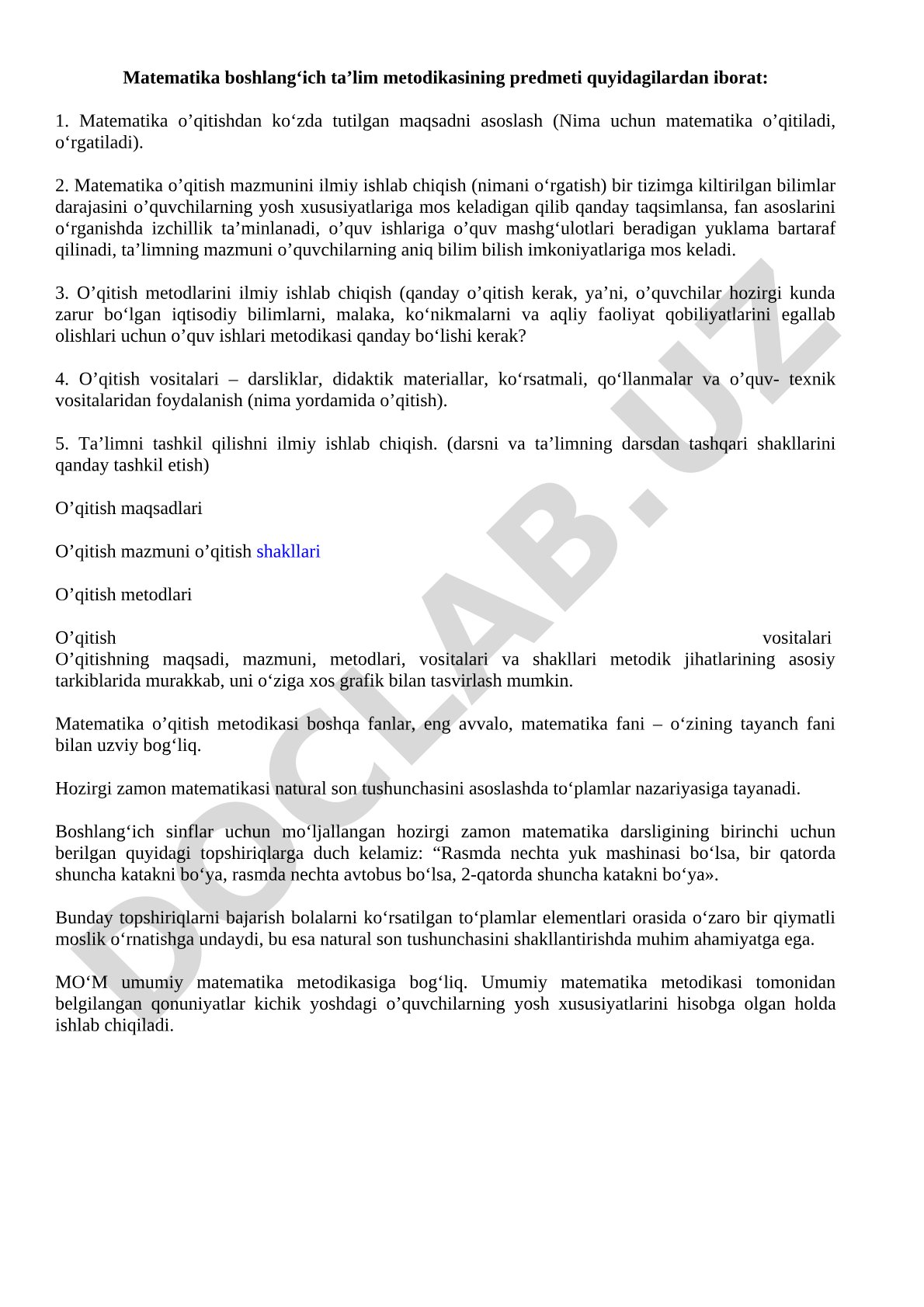 Matematika boshlang‘ich ta’lim metodikasining predmeti