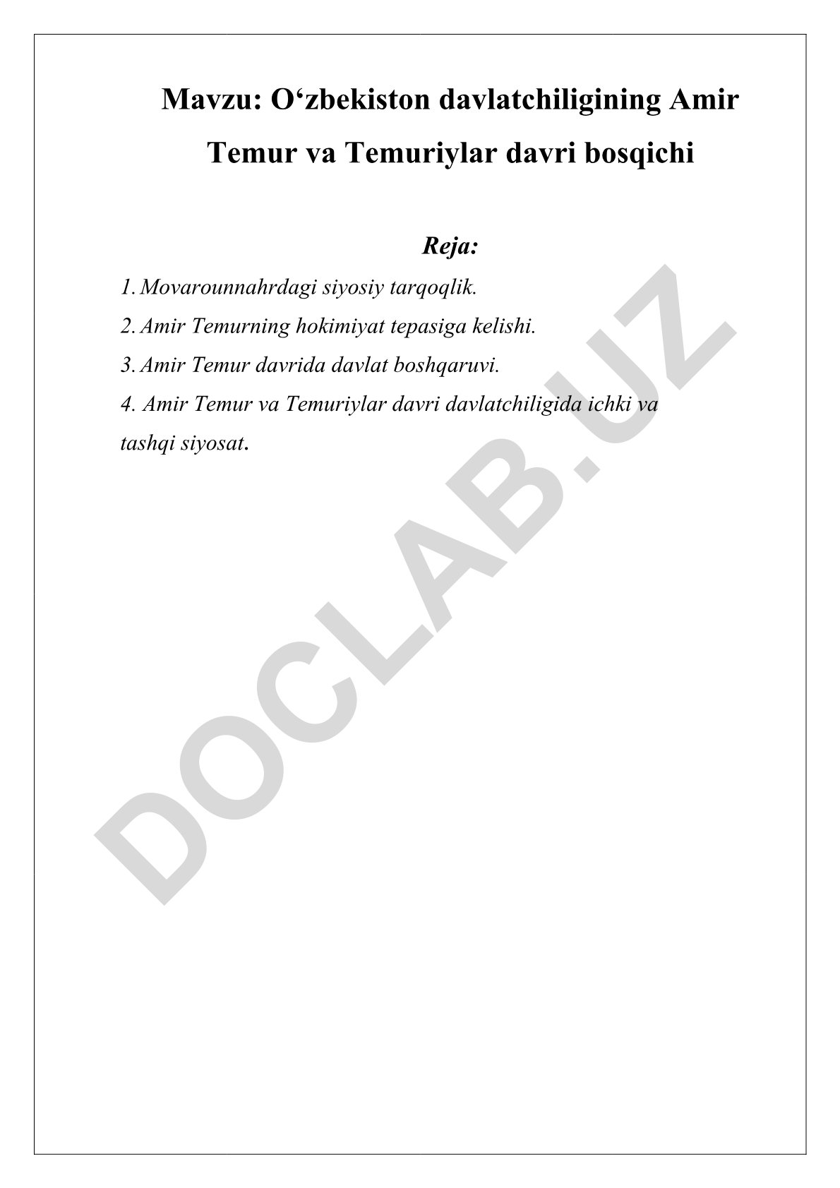 O‘zbekiston davlatchiligining Amir Temur va Temuriylar davri bosqichi