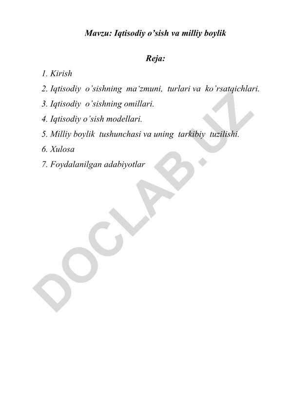 Iqtisodiy o’sish va milliy boylik