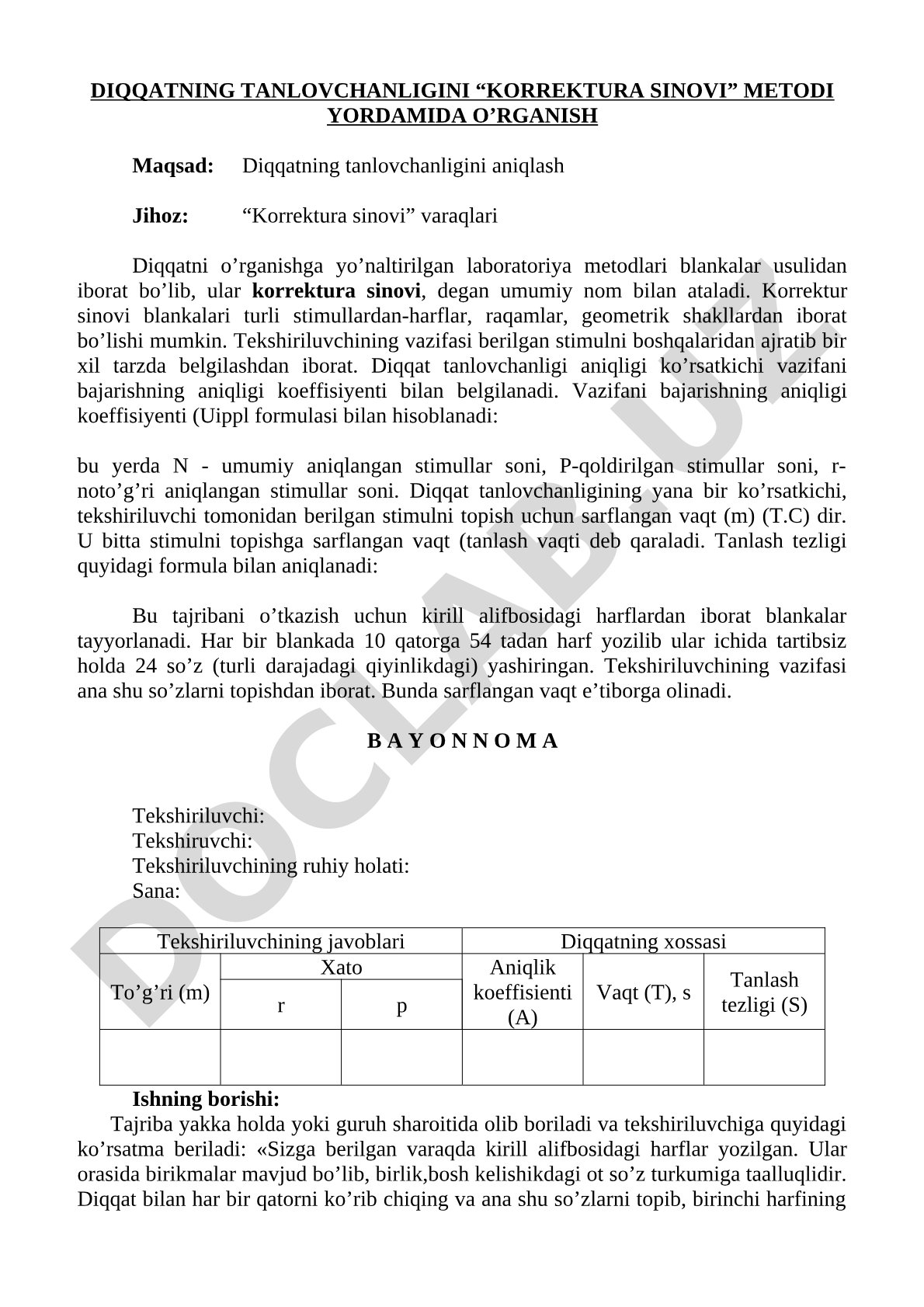 Diqqatning tanlovchanligini korrektura sinovi metodi yordamida o'rganish