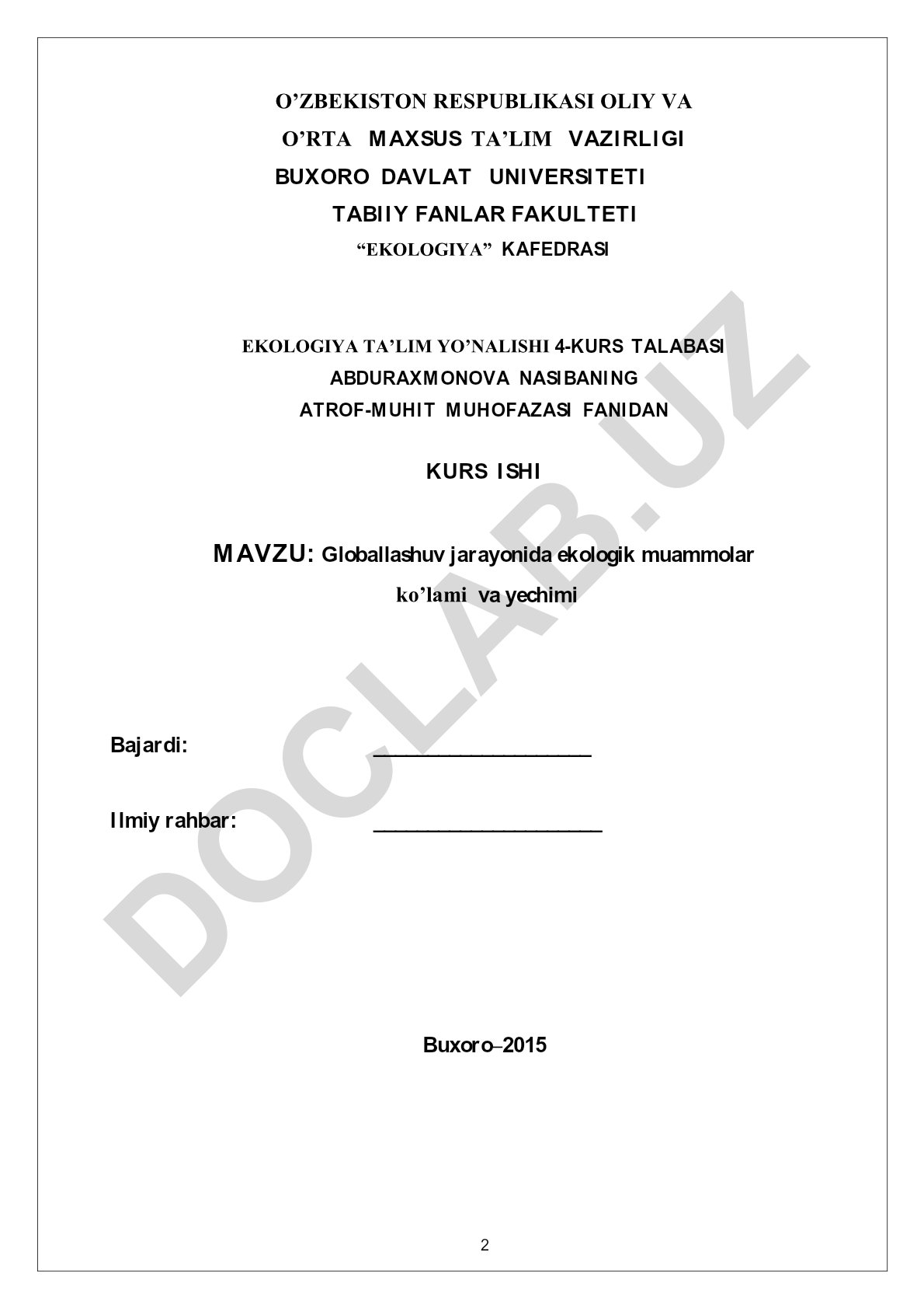 Globallashuv jarayonida ekologik muammolar ko'lami va yechimi