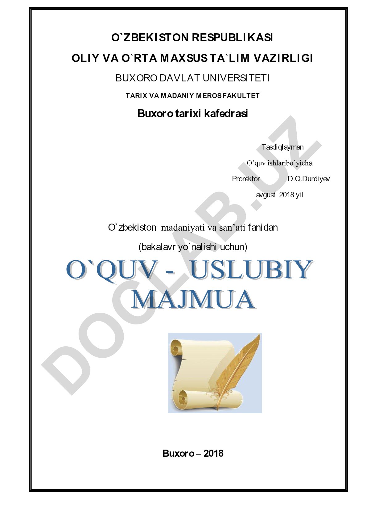 O'zbekiston madaniyati va san'ati fanidan o'quv dasturi