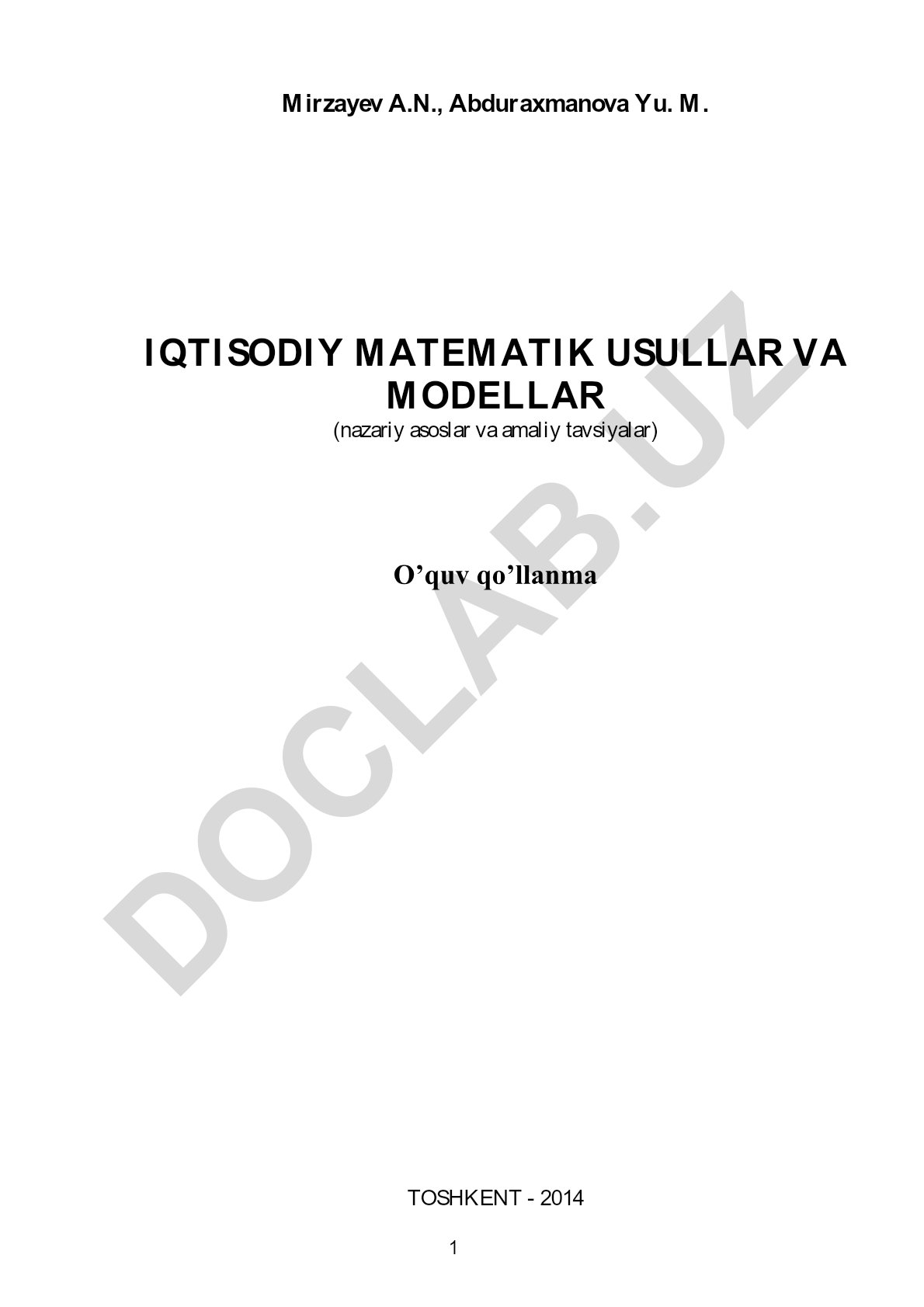 Iqtisodiy matematik usullar va modellar (nazariy asoslar va amaliy tavsiyalar)