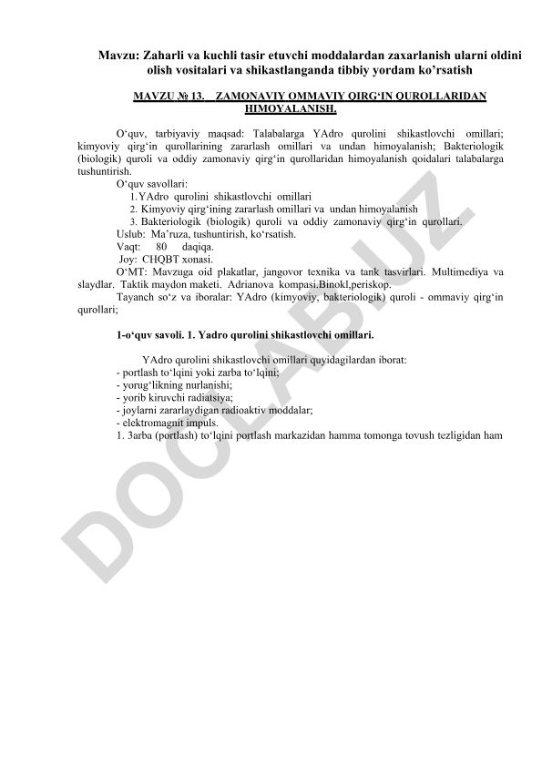 Zaharli va kuchli tasir etuvchi moddalardan zaxarlanish ularni oldini olish vositalari va shikastlanganda tibbiy yordam ko’rsatish