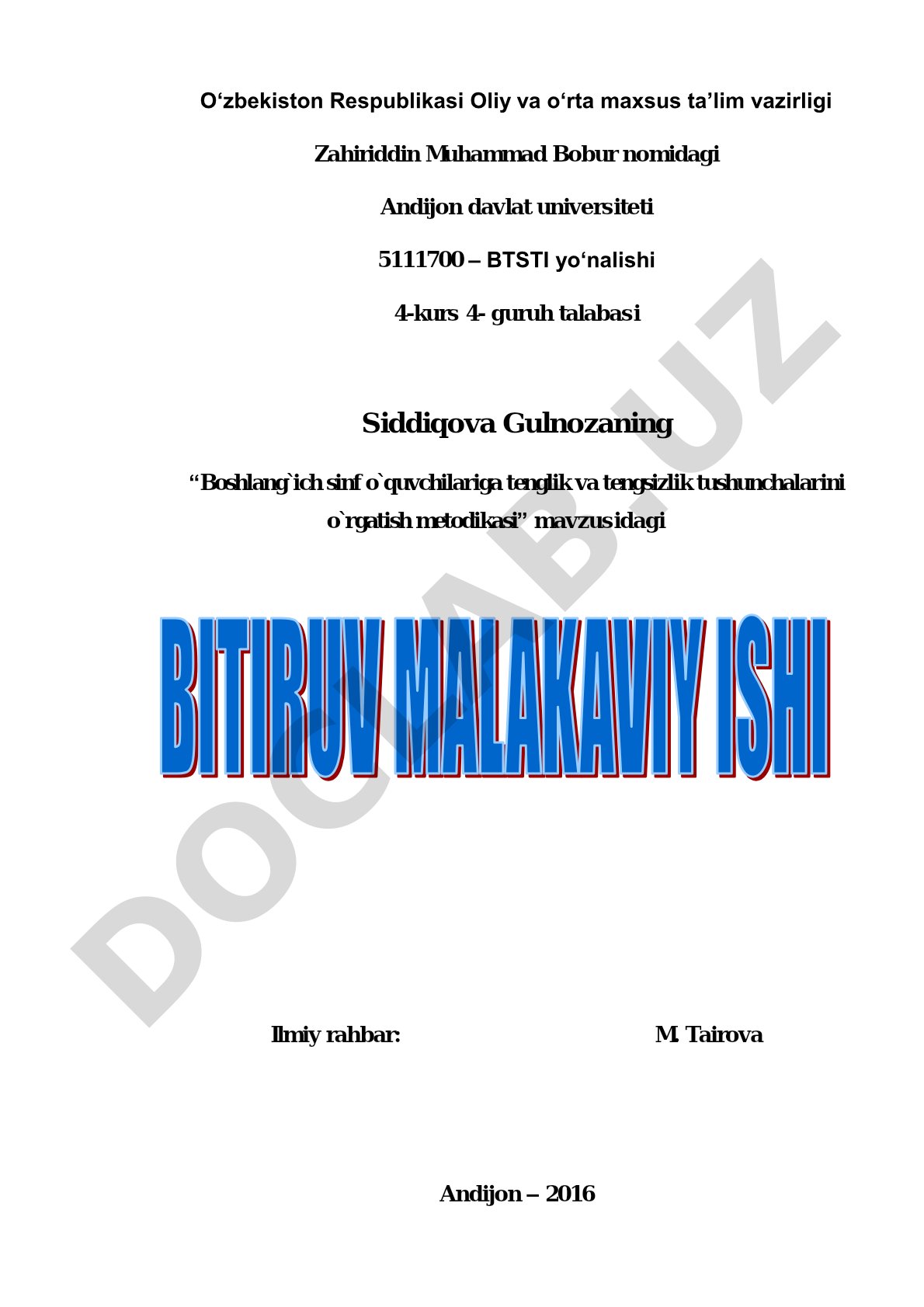 Boshlang'ich sinf o'quvchilariga tenglik va tengsizlik tushunchalarini o'rgatish metodikasi