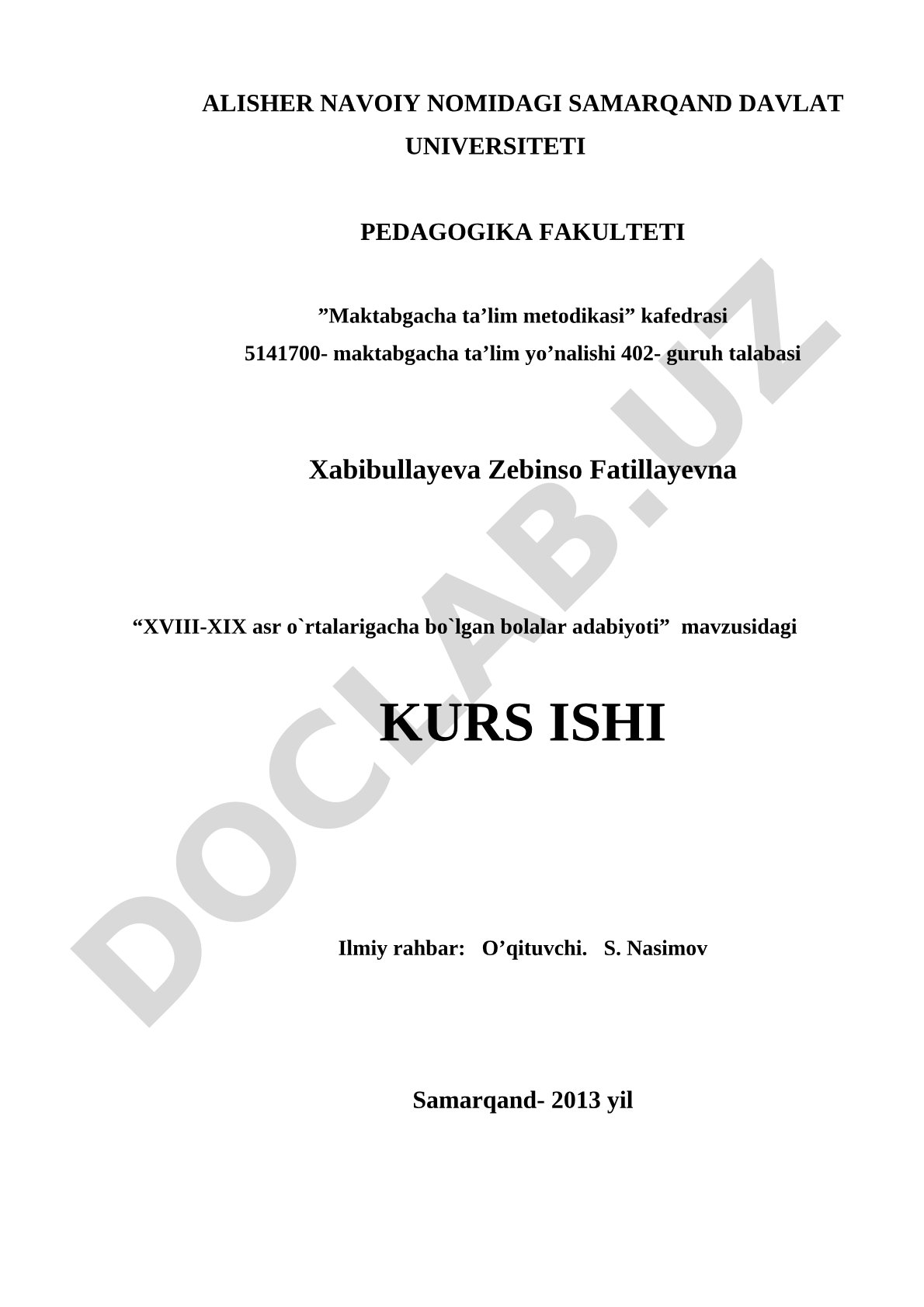 XVIII-XIX asr o'rtalarigacha bo'lgan bolalar adabiyoti