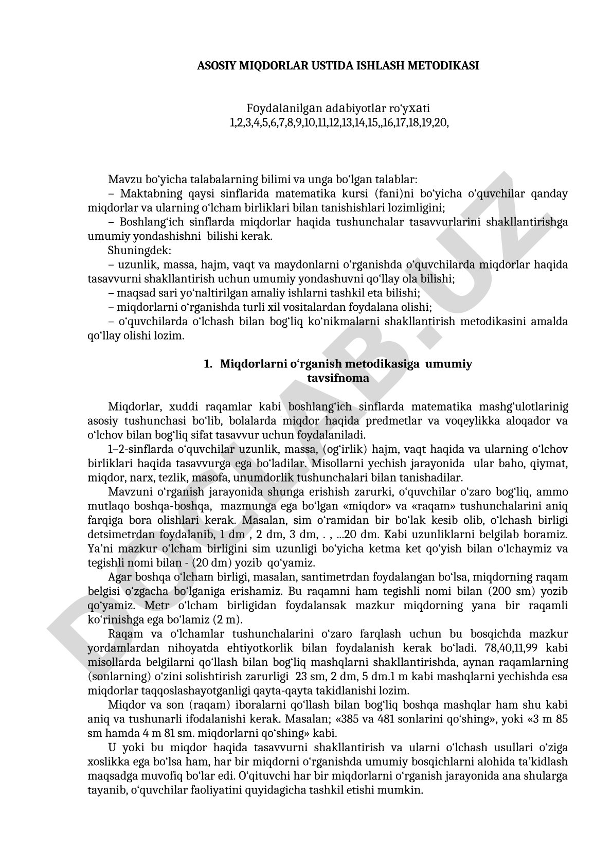 Asosiy miqdorlar ustida ishlash metodikasi