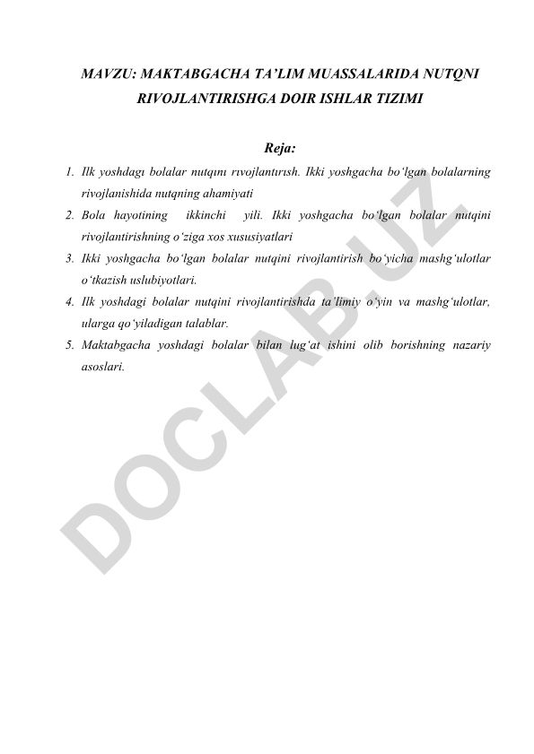 Maktabgacha ta’lim muassasalarida nutqni rivojlantirishga doir ishlar tizimi
