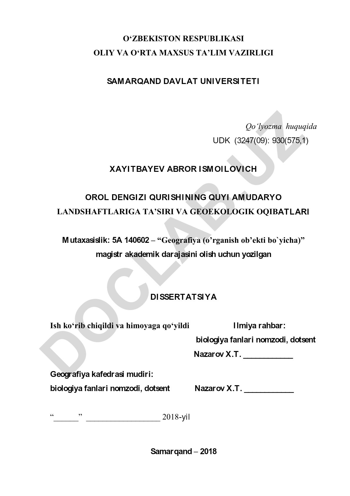 Orol dengizi qurishining Quyi Amudaryo landshaftlariga ta'siri va geoekologik oqibatlari
