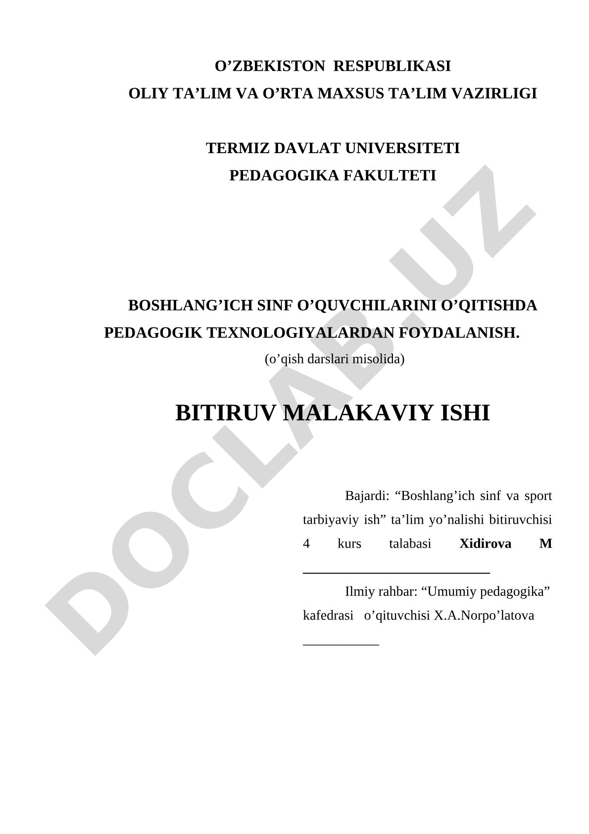 Boshlang'ich sinf o'quvchilarini o'qitishda pedagogik texnologiyalardan foydalanish (o'qish darslari misolida)