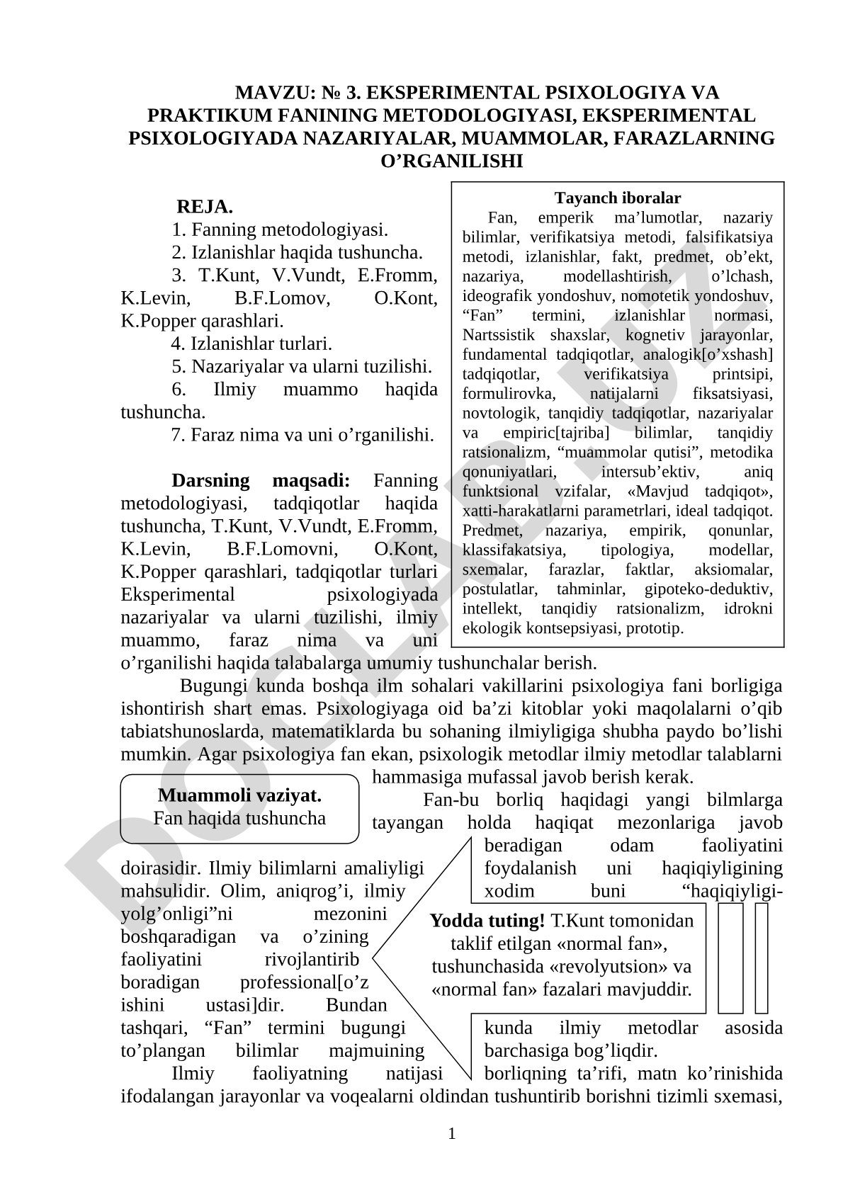 Eksperimental psixologiya va praktikum fanining metodologiyasi, eksperimental psixologiyada nazariyalar, muammolar, farazlarning o‘rganilishi
