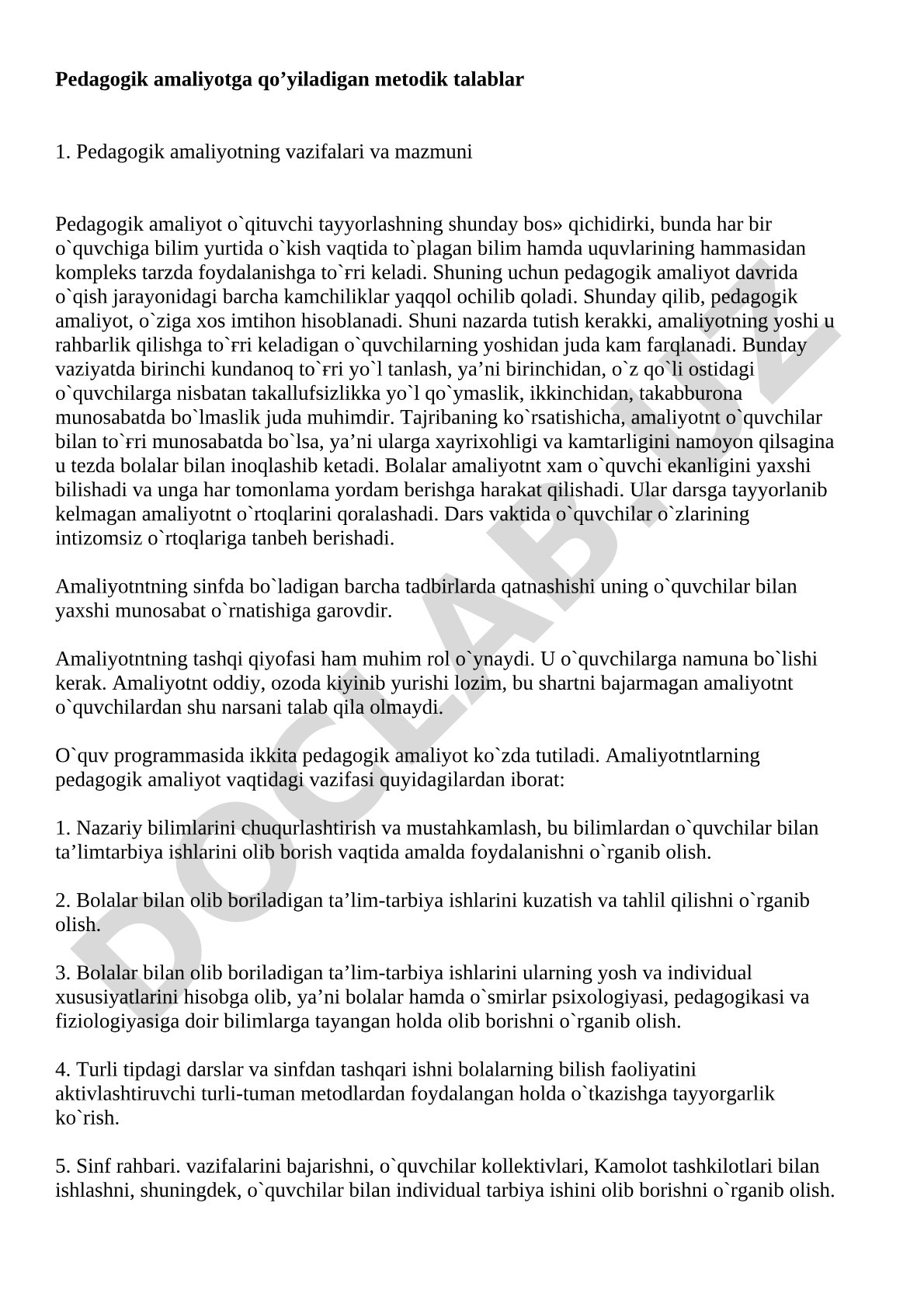Pedagogik amaliyotga qo'yiladigan metodik talablar