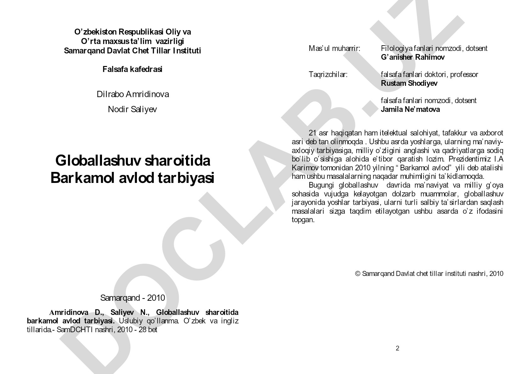 Globallashuv sharoitida barkamol avlod tarbiyasi