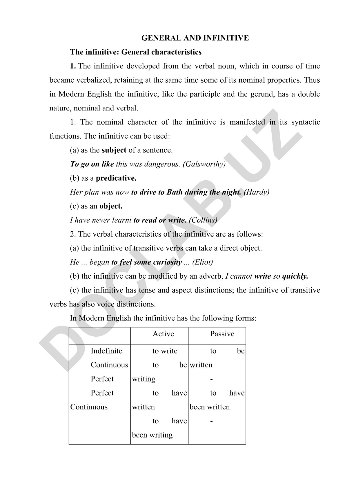 General and infinitive characteristics in Modern English