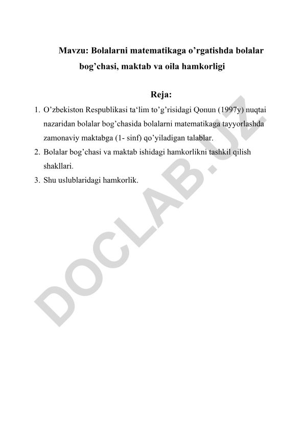 Bolalarni matematikaga o’rgatishda bolalar bog’chasi, maktab va oila hamkorligi
