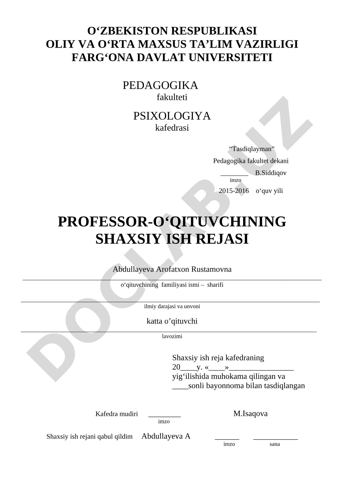 Professor-o'qituvchining shaxsiy ish rejasi