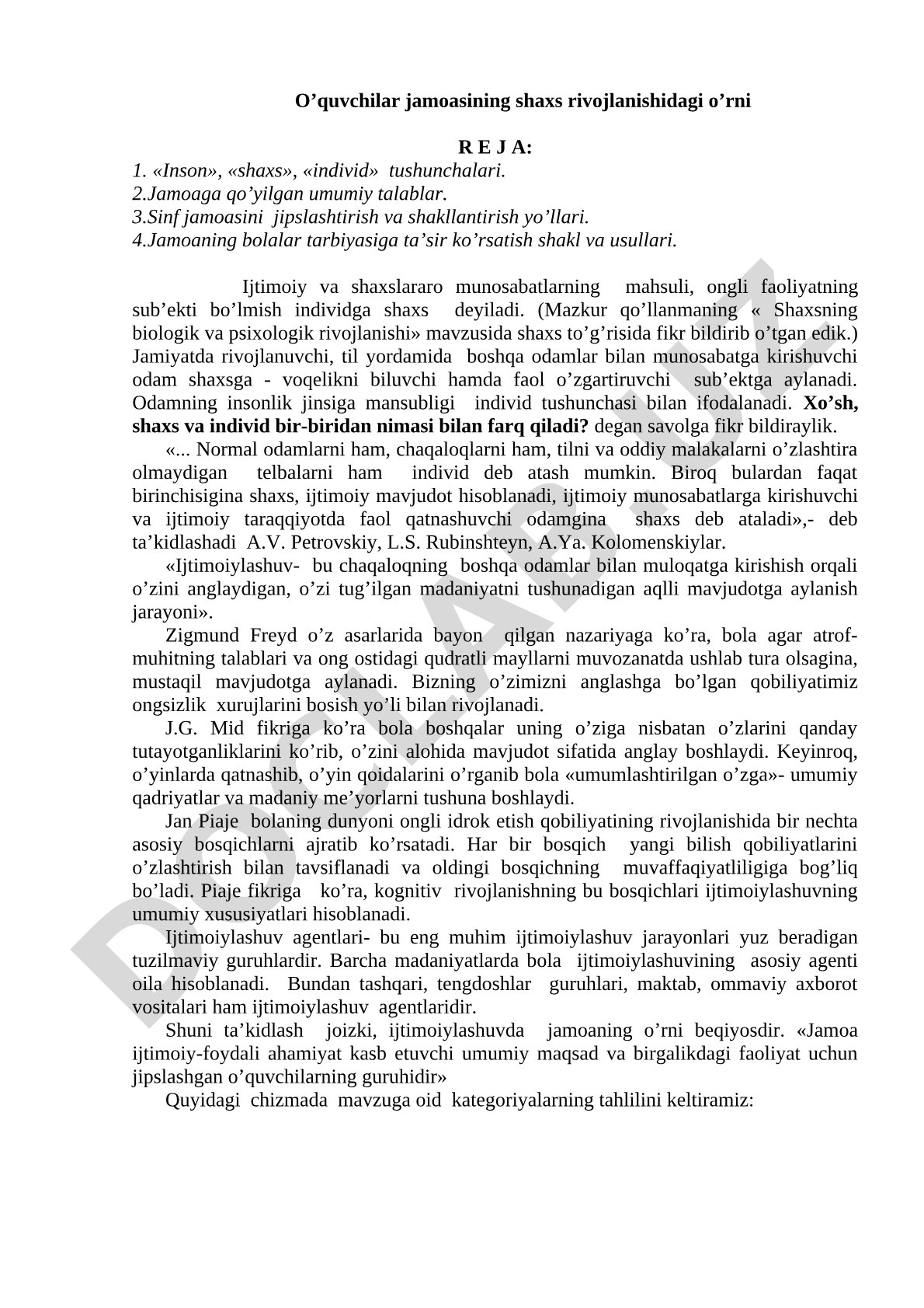 O'quvchilar jamoasining shaxs rivojlanishidagi o'rni