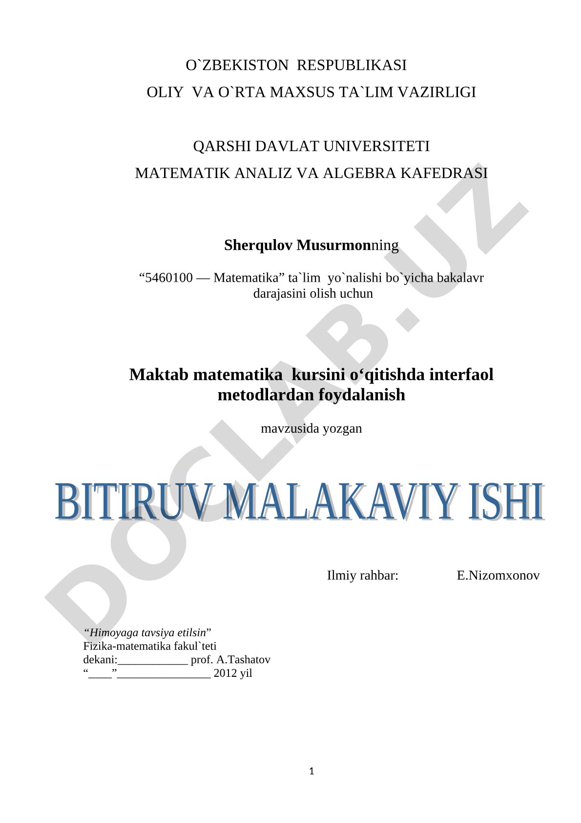 Maktab matematika kursini o‘qitishda interfaol metodlardan foydalanish