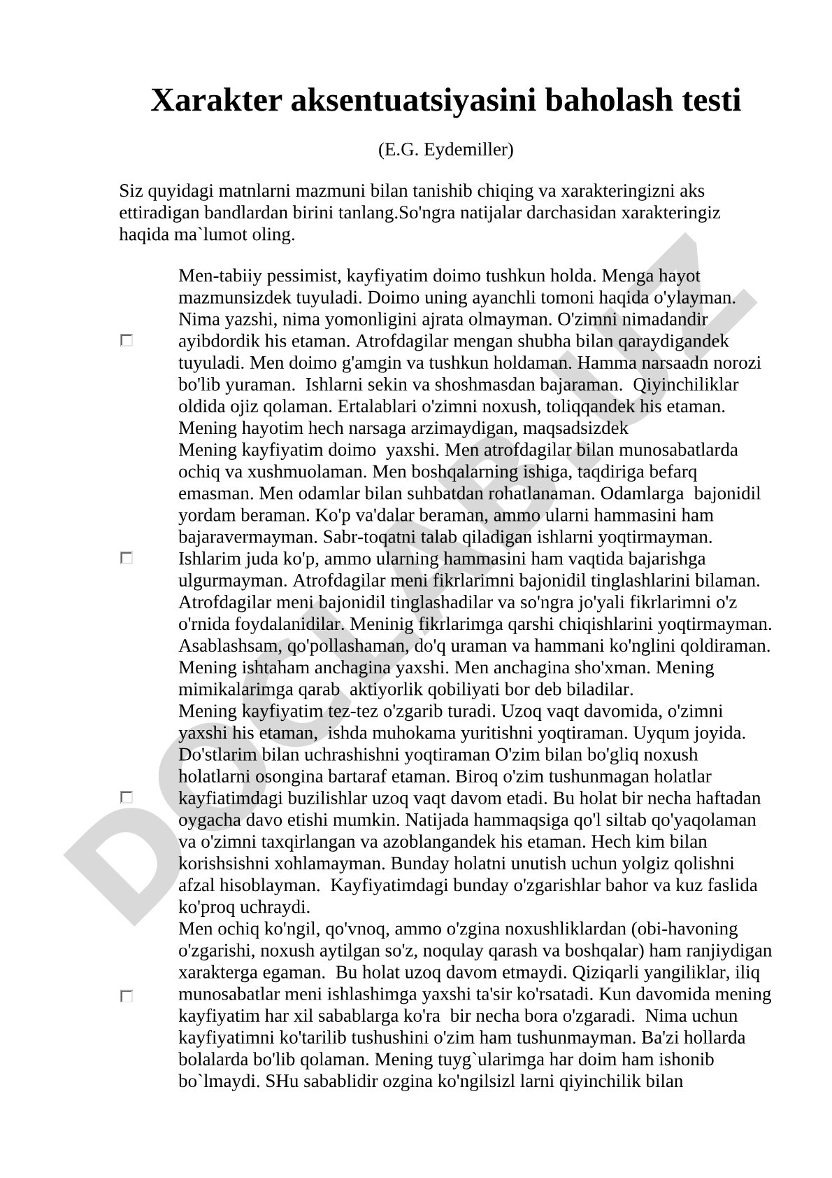 Xarakter aksentuatsiyasini baholash testi (E.G. Eydemiller)