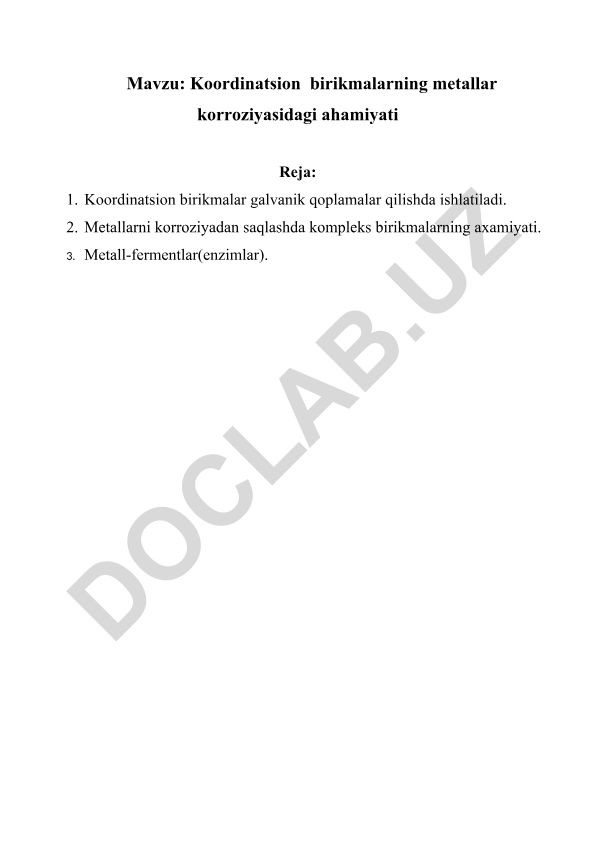 Koordinatsion birikmalarning metallar korroziyasidagi ahamiyati
