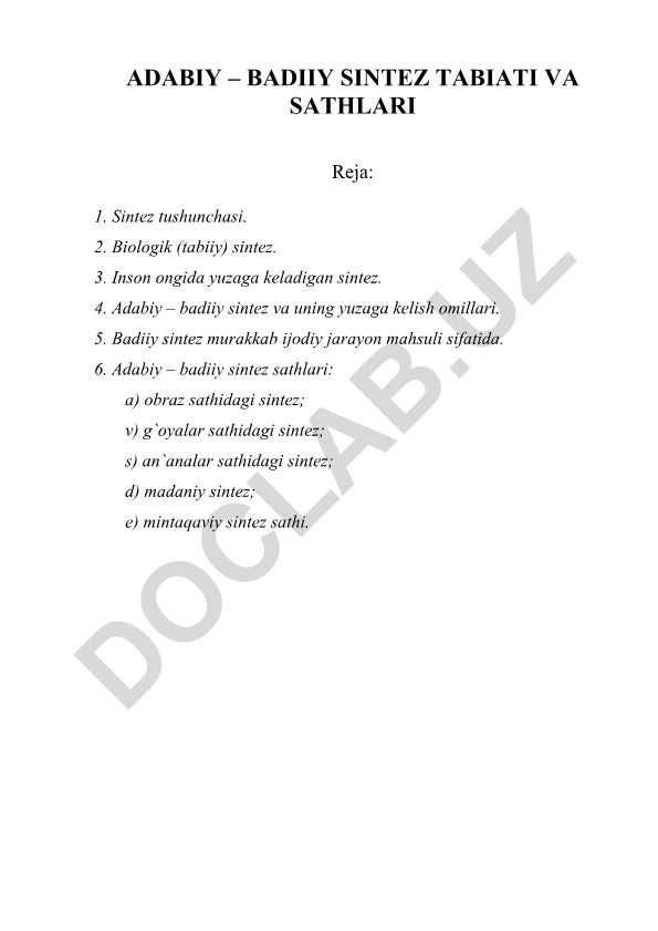 Adabiy – badiiy sintеz tabiati va sathlari