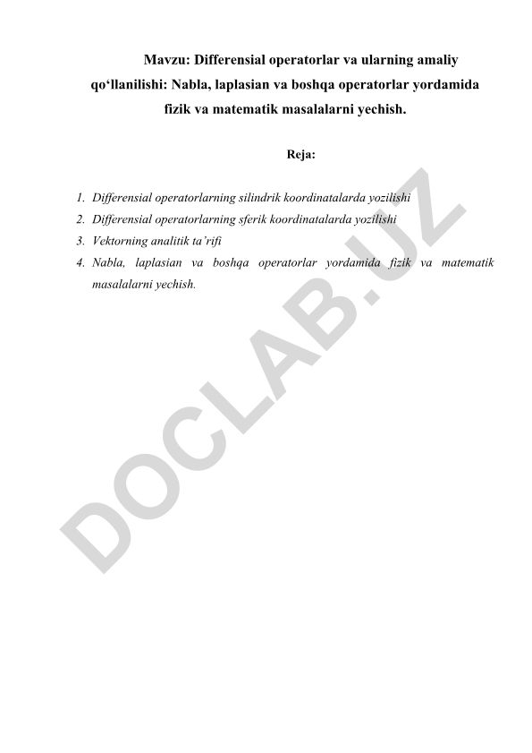 Differensial operatorlar va ularning amaliy qo‘llanilishi