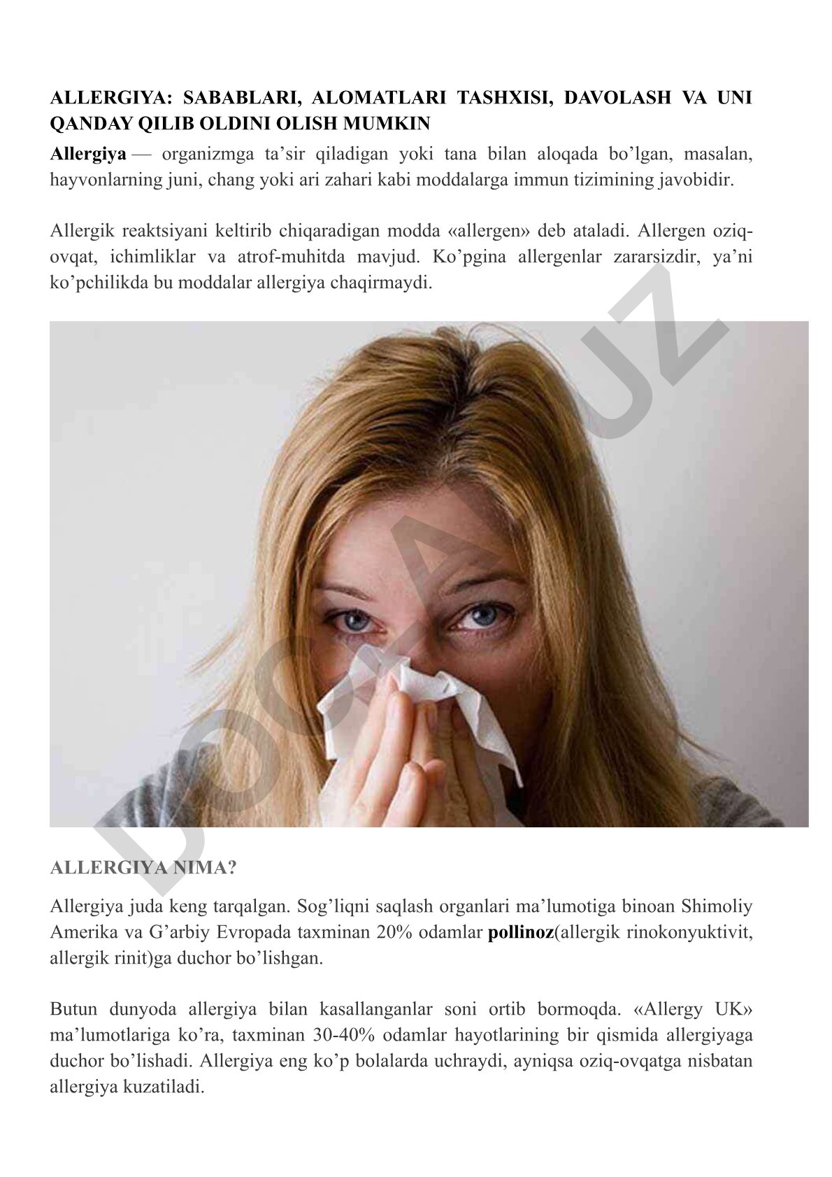 Allergiya: sabablari, alomatlari, tashxisi, davolash va oldini olish