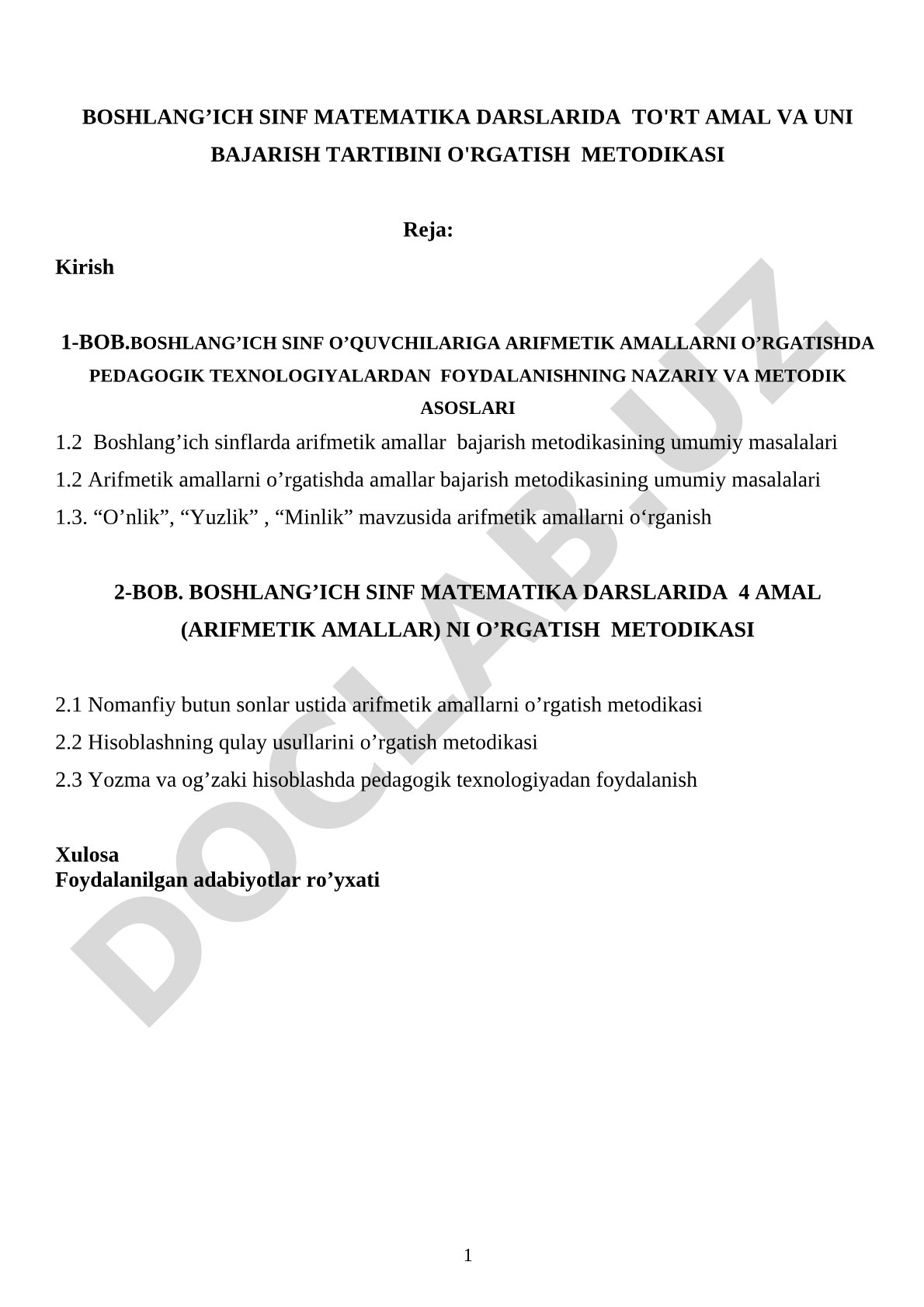 Boshlang'ich sinf matematika darslarida to'rt amal va uni bajarish tartibini o'rgatish metodikasi
