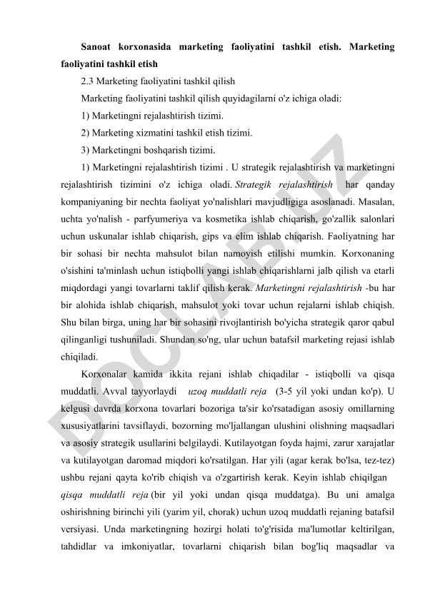 Sanoat korxonasida marketing faoliyatini tashkil etish