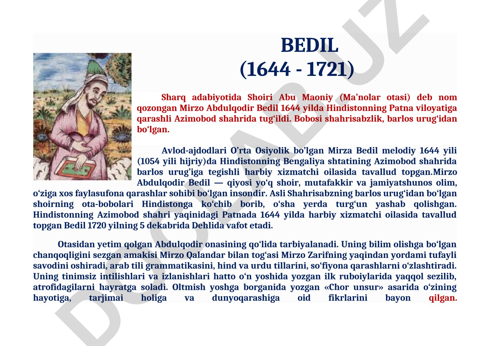 Mirzo Abdulqodir Bedil hayoti va ijodi