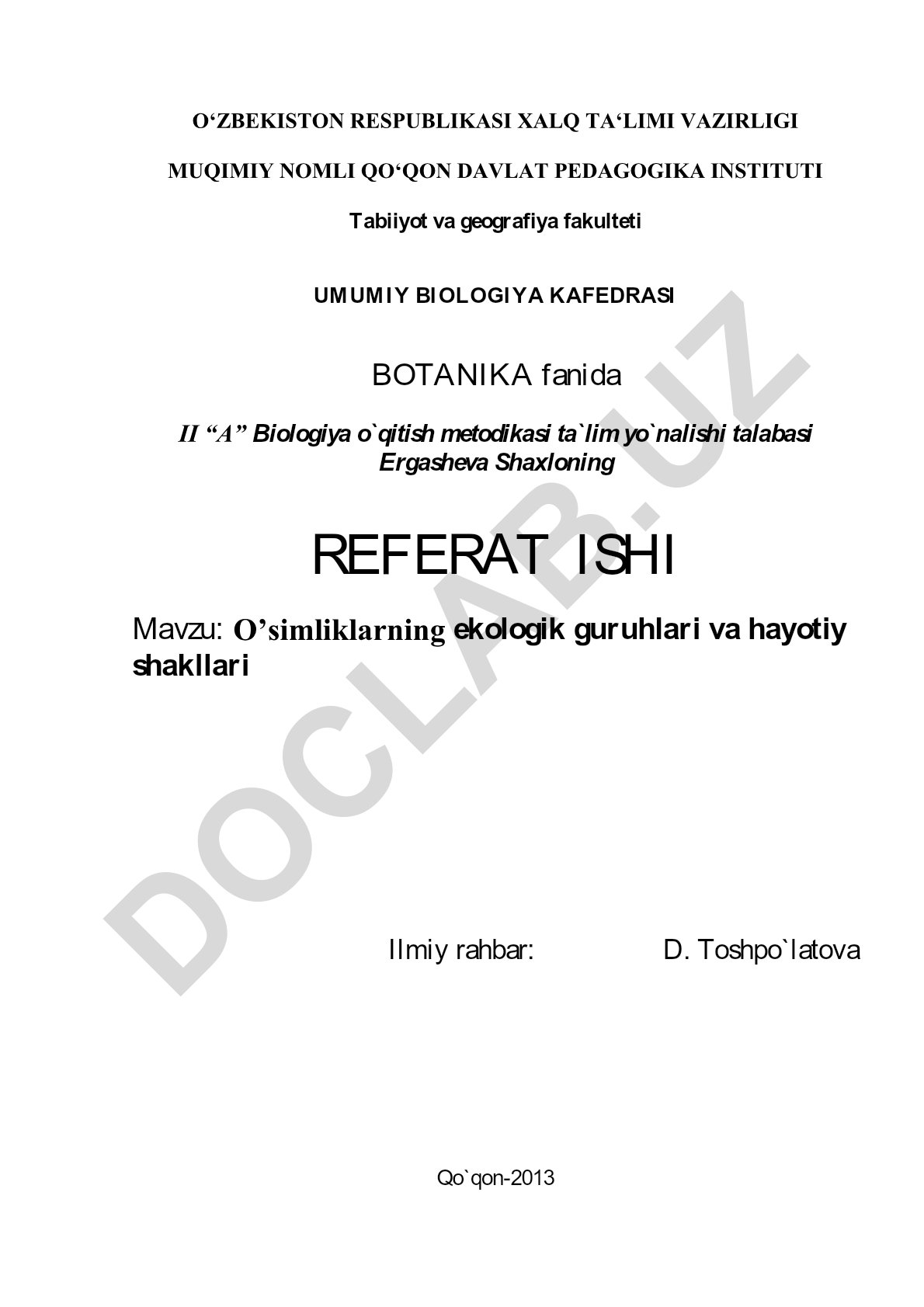O'simliklarning ekologik guruhlari va hayotiy shakllari