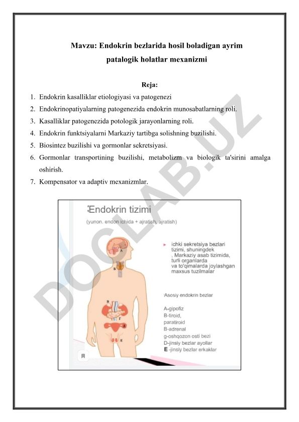 Endokrin bezlarida hosil bo'ladigan ayrim patalogik holatlar mexanizmi