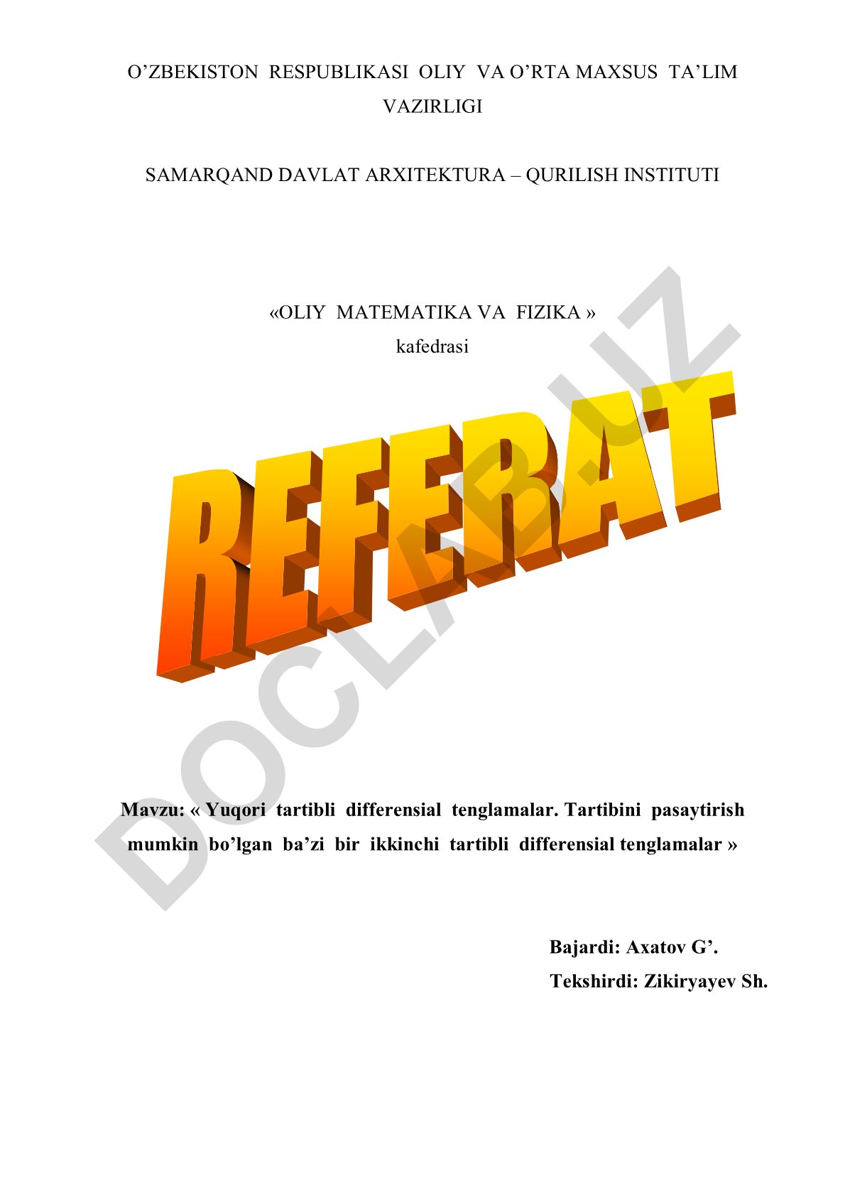 Yuqori tartibli differensial tenglamalar. Tartibini pasaytirish mumkin bo'lgan ba'zi bir ikkinchi tartibli differensial tenglamalar