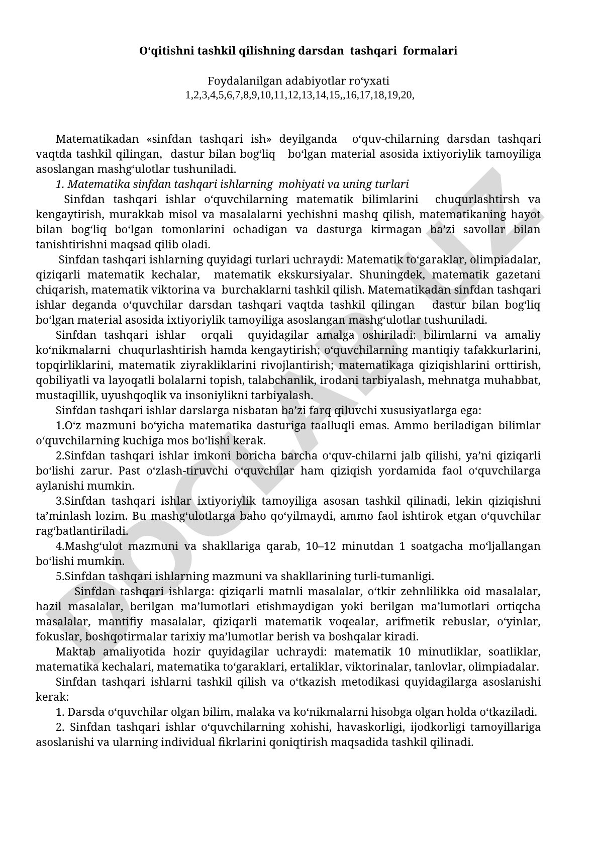 O‘qitishni tashkil qilishning darsdan tashqari formalari