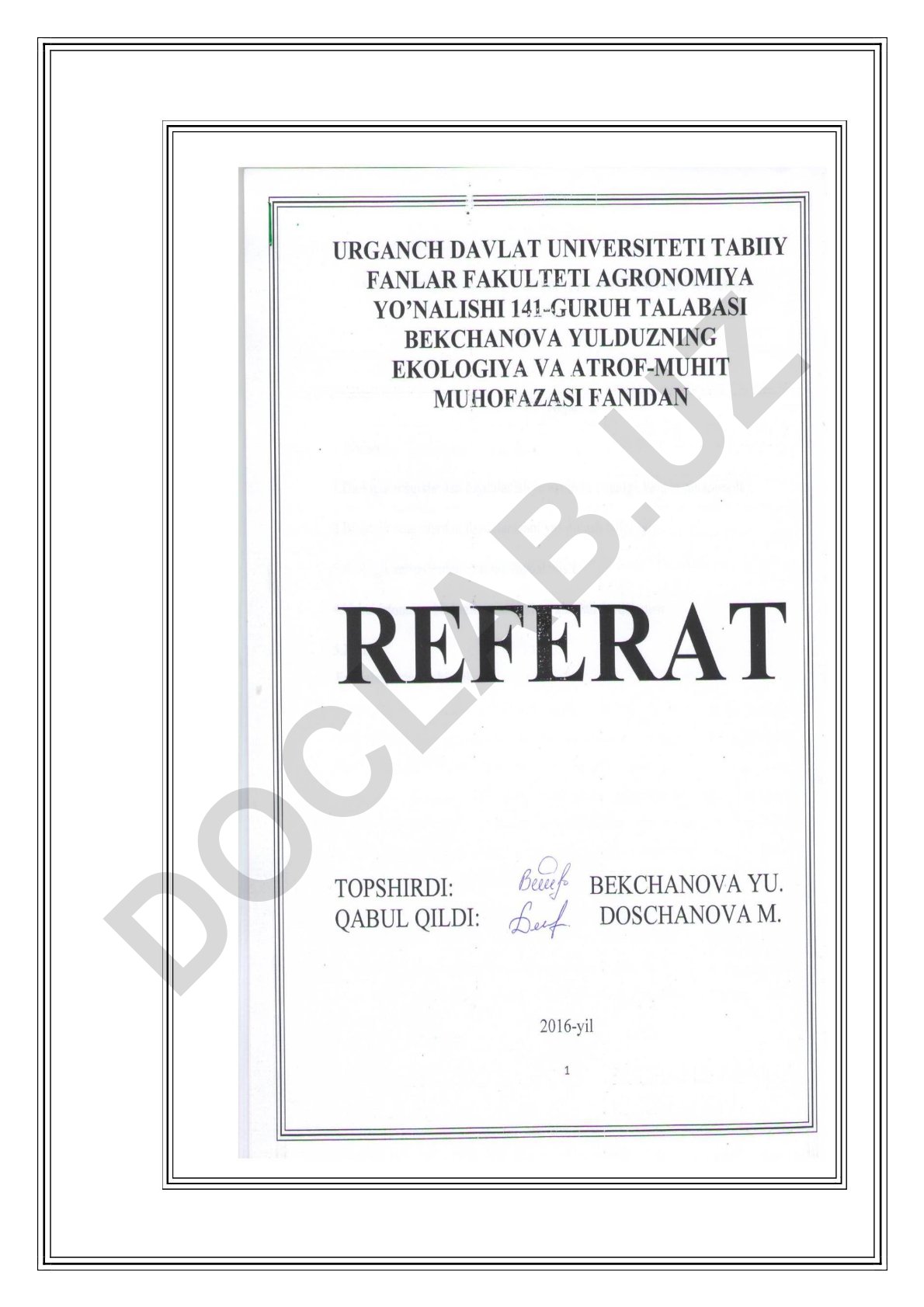 O‘zbekistonning biologik resurslari va ulardan foydalanish