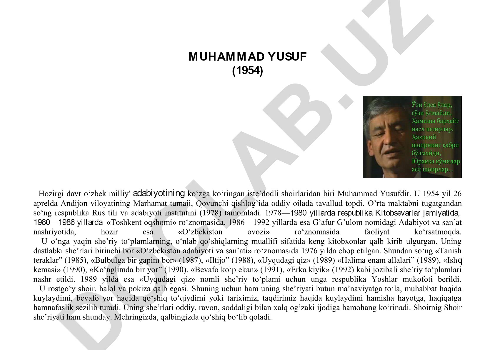 Muhammad Yusuf hayoti va ijodi