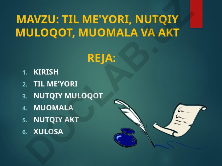 Til me'yori, nutqiy muloqot, muomala va akt reja
