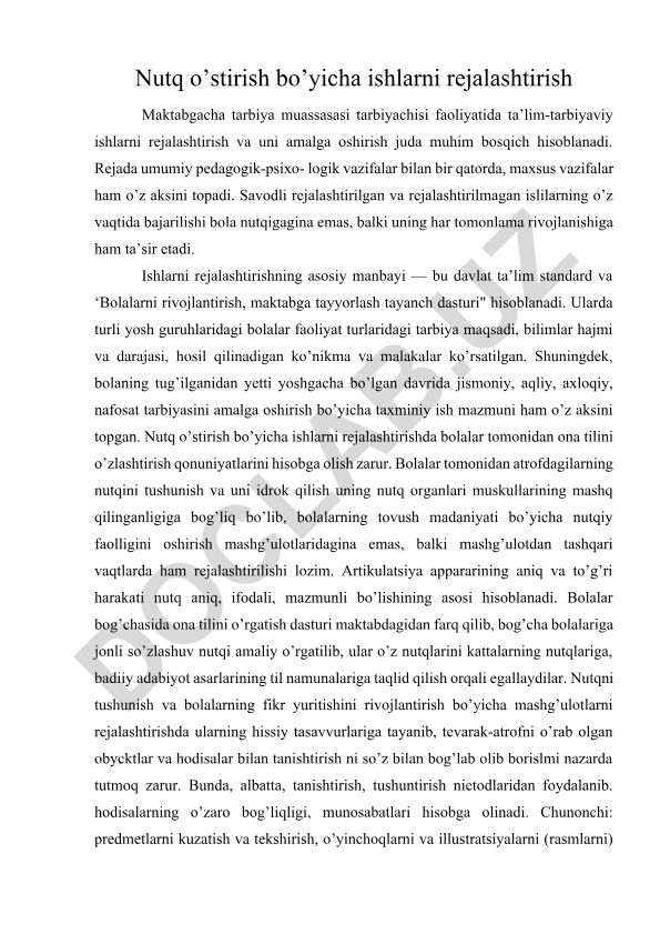 Maktabgacha tarbiyada nutq o'stirish ishlarini rejalashtirish