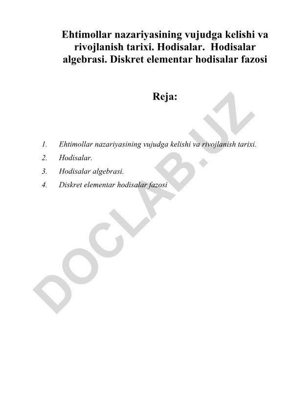 Ehtimollar nazariyasining vujudga kelishi va rivojlanish tarixi